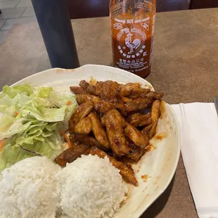 Spicy chicken teriyaki with tables sauces