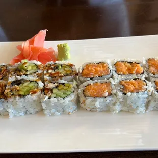 Eel with Cucumber Roll and Spicy Salmon Roll