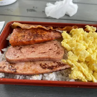 Egg and meat breakfast.