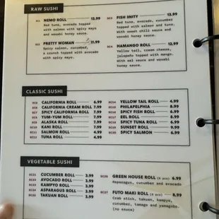 sushi and sashimi, menu