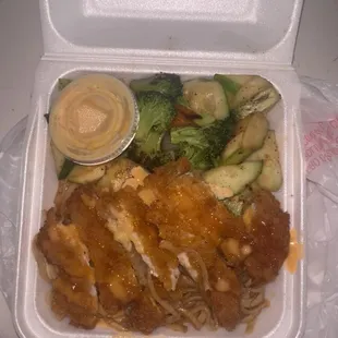 Chicken katsu, noodles, veggies