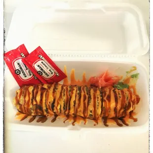 Takashimura Rolls sushi ( crab meat, cream cheese and salmon top with spicy mayo and eel sauce,. So yummy!