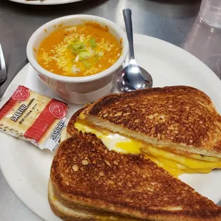  a grilled cheese sandwich and soup
