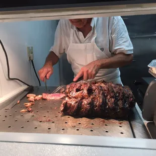 Famous cut to order Prime Rib!  Tom cuts the beef for every order till its gone (which is EARLY!)