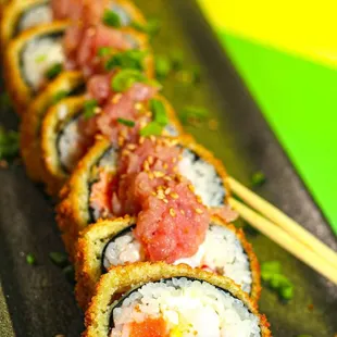 Orlando Roll!! Enjoy the mix between raw and cooked fish, at the same time.