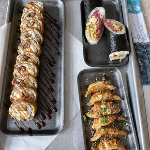 Chicken tempura roll, sushi burrito and gyoza