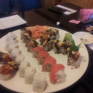 Beauty and the beast, dancing eel, sunshine roll and eel roll.