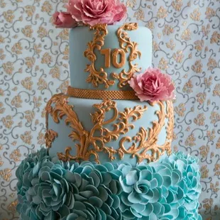 Gold and Tiffany Blue  10th anniversary cake