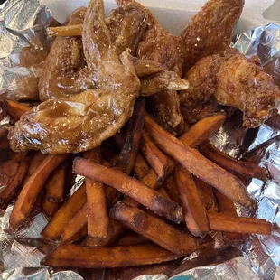 6 piece basket with sweet potato fries. Half bourbon / half sweet chili