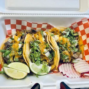 Asada tacos con salsa roja. Delicious!!!