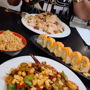 Kung pao chicken and shrimp. And pork fried rice.