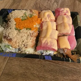 Left Crunchy Roll, right Playboy Roll. Great quality, flavor, and temperature (important for delivery sushi).