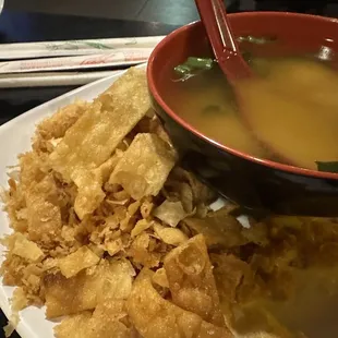 Miso soup had no flavor and the strips were crumbs. I could not eat either.