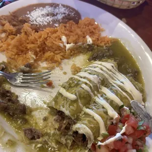 Green enchiladas, carne asada