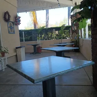 Empty patio during lunch hour. I had to pull my own chair from inside.