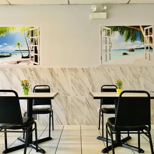 a table and chairs in a restaurant