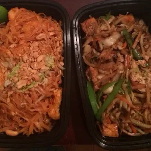 Spicy chicken pad thai on left and moo shew vegetable with tofu on the right