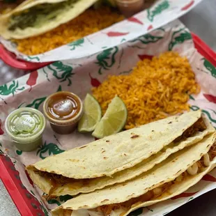 Quesadilla Pack. 2 quesadillas with side of rice and a soda.