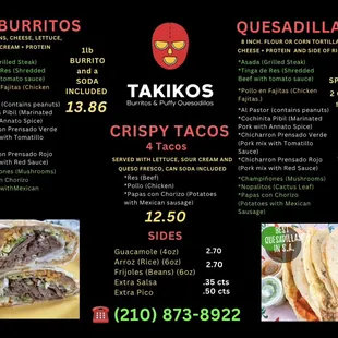 Big Burritos (1lb), Quesadillas, Tacos &amp; more