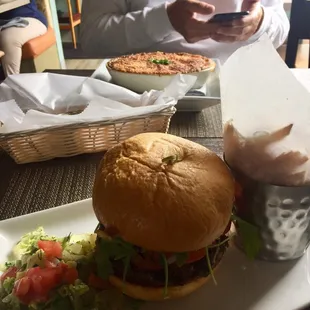 The beef burg w feta, great fries. Pasticio over there for lunch.