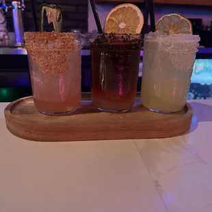 Margarita flight. Watermelon, hibiscus, taquiza