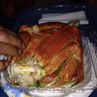 Snow crabs, corn and broccoli.