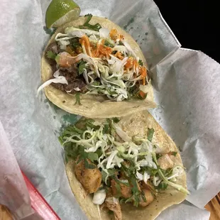 Tacos al pastor and taco de chicharrón. Both were fire!