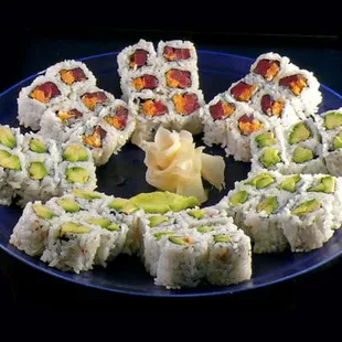 Firecracker Rolls (Tuna, Tempura Bits, Spicy Mayo inside roll) and Avocado Rolls