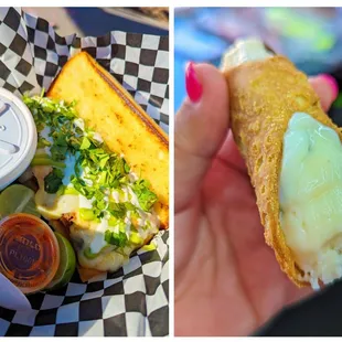 a hand holding a taco and a sandwich