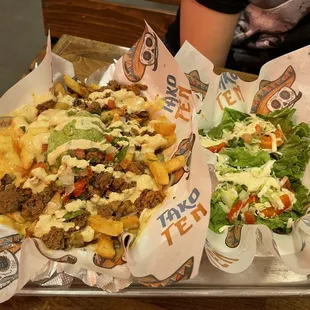 Frida fries with lettuce wrapped shrimp taco