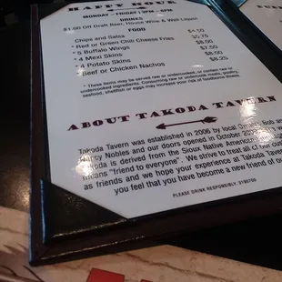 the menu for the restaurant