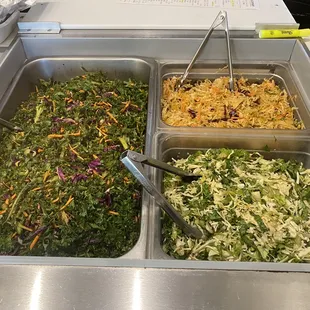 Kale left, kimchi slaw top right, romaine slaw bottom right.