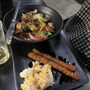 Asian bowl with rice and tempura battered asparagus