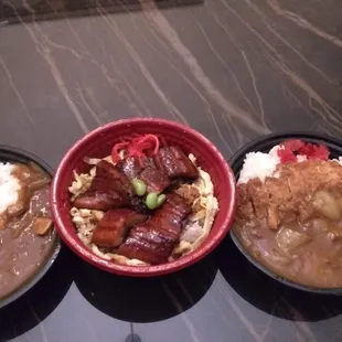 Japanese curry with chicken, eel, and Japanese curry with deep-fried pork