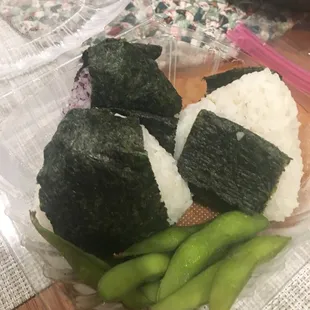 Onigiri: 3 assorted fillings. Tuna-Mayo, Pork and Shiso (minty plant-base)