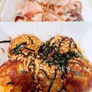 Garlic Butter Takoyaki (bottom); Regular Takoyaki (top)