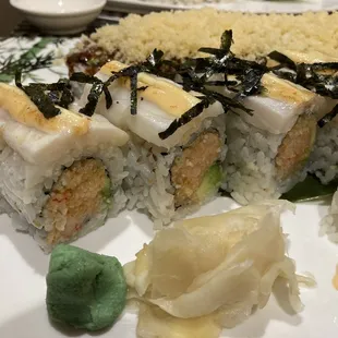 King Roll: Lobster and avocado on the inside. Yellowtail on the outside.