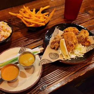 Five piece karaage (bonito &amp; soy), fries, Japananese mac salad, &amp; sauces (yum yum + miso honey mustard)