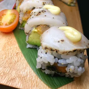 a close up of a sushi roll