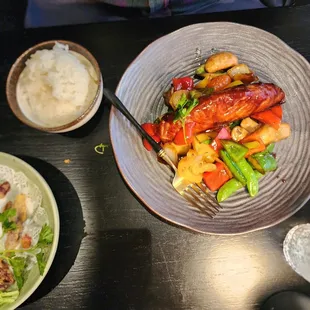 Grilled Salmon, white rice and vegetables