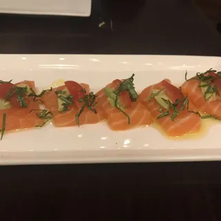 Salmon Carpaccio with Olive Oil, Basil & Avocado
