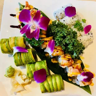 Caterpillar Roll (avocado on top), Monster Roll, Japanese bagel roll