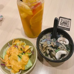 Salad, clear soup, and takumi fruit tea
