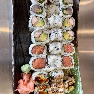 Three Yellowtail Jalapeno, Eel Avocado Roll, Spicy King Crab Roll, California Roll