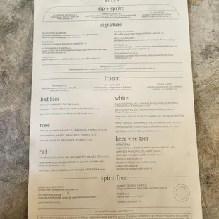 Drink menu