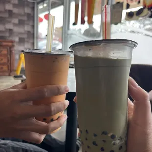 Thai tea &amp; matcha tea. The matcha tastes authentic and the boba is fresh too. Will come back!