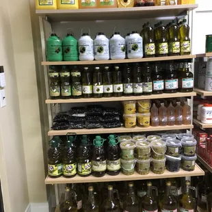 These are some options of oils and olives we have in the store .