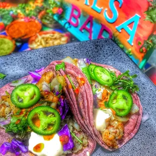 Custom Shrimp and fish tacos. Not our standard style.