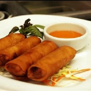 a plate of fried spring rolls with dipping sauce