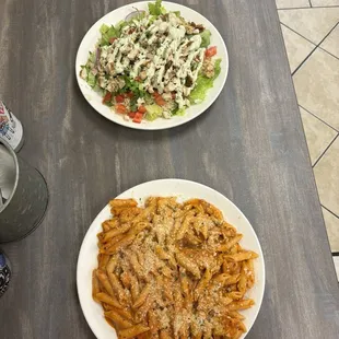 penne, pink sauce, and chicken pasta, and a chicken and rice bowl
